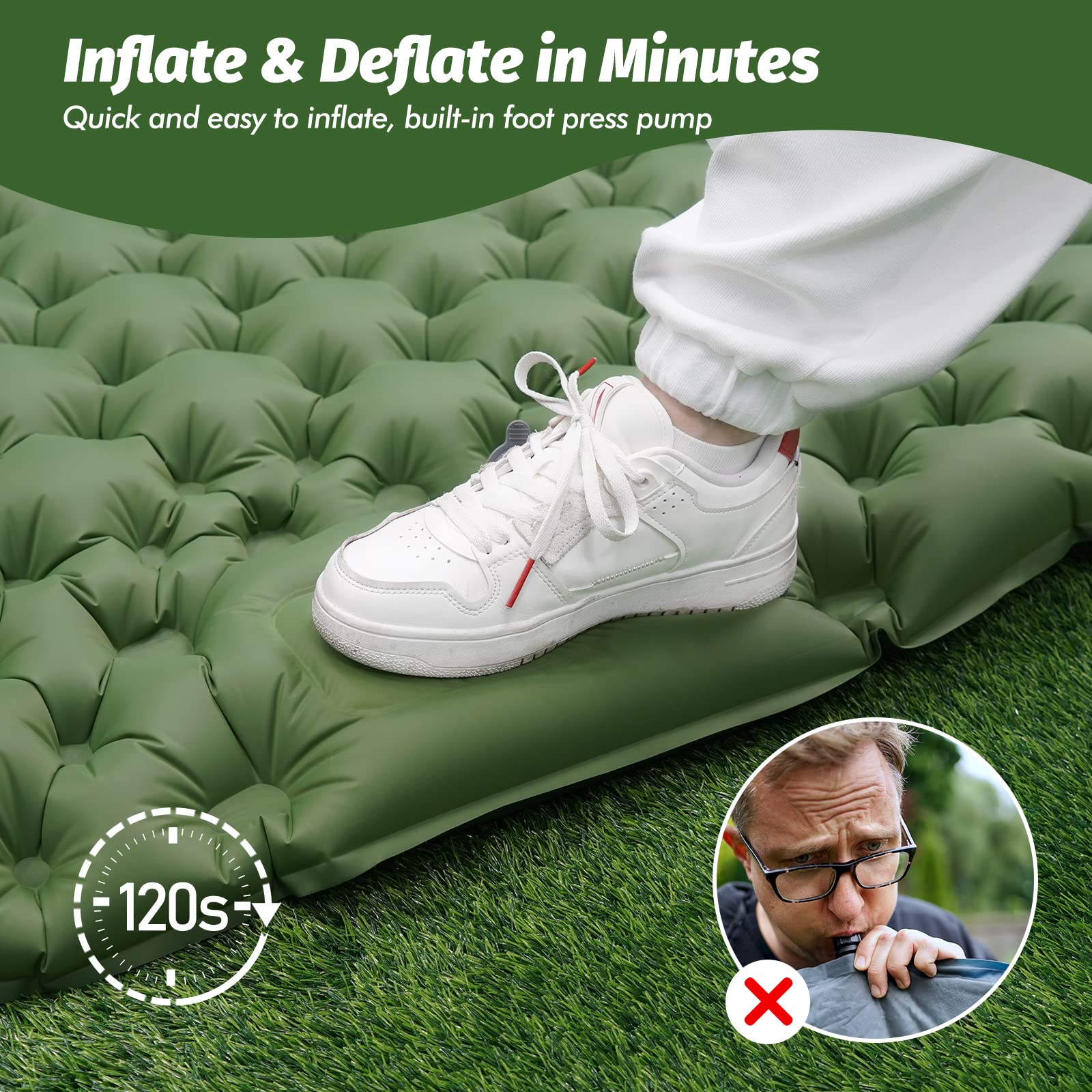 Green Ultralight Inflatable Sleeping Mat with Built-in Foot Pump, Upgraded Durable Compact Waterproof Camping Air Mattress for Camping, Backpacking, Hiking, Tent Trap Traveling