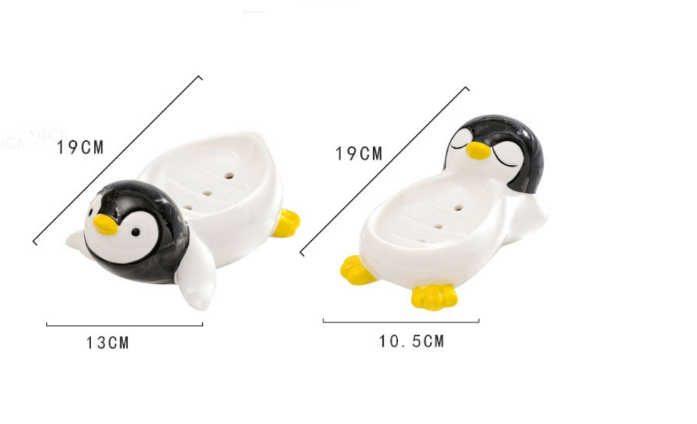 2 PCS Cute Penguin Ceramics Heart Self Draining Soap Dish Soap Holder