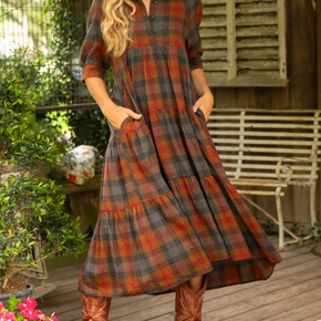 Women's Comfortable Plaid Print Shirt Midi Dress