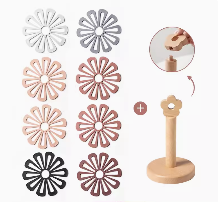 Coloured PVC Flowers Placemats With Wooden Storage Stand
