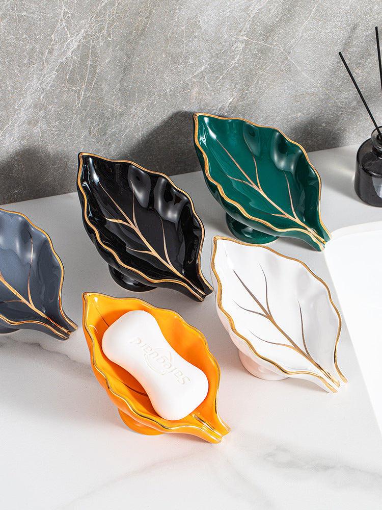 Creative Multicolor Ceramics Leaf Self Draining Soap Dish Soap Holder