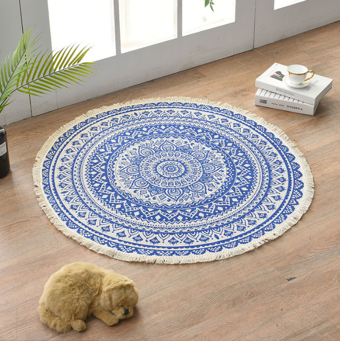 Blue Round Cotton Woven Rug Mandala Boho Floor Mat Living Room Bedroom Tasseled Foot Mat Yoga Cushion