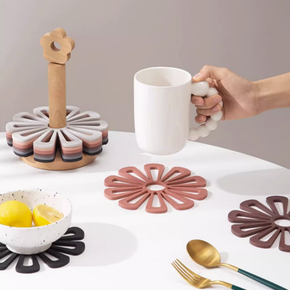 Coloured PVC Flowers Placemats With Wooden Storage Stand