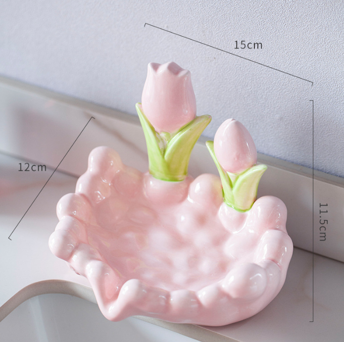 Beautiful Tulip Ceramics Heart Self Draining Soap Dish Soap Holder