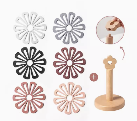 Coloured PVC Flowers Placemats With Wooden Storage Stand