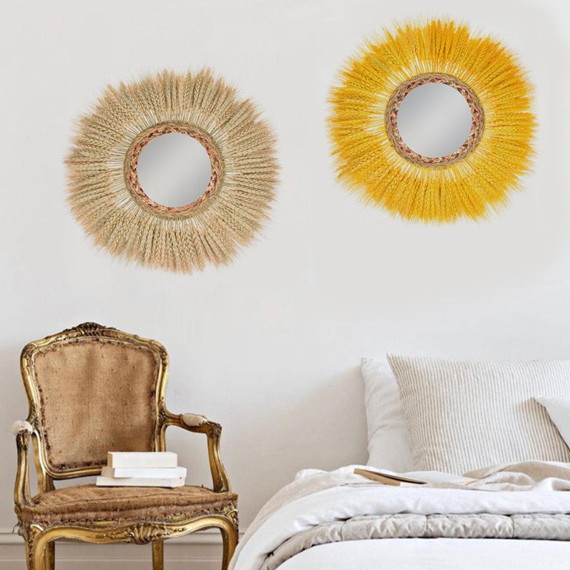 Wheat Creative Room Wall Hangings Rattan Mirror on Bedroom Wall
