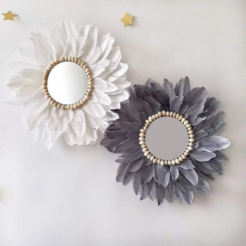 Grey Handmade Feather Mirror Hanging Ornament Wall Decorations for Bedroom Entryway