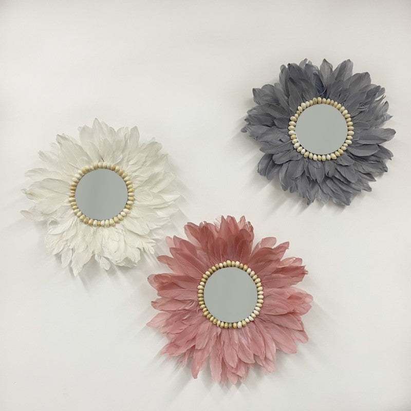 Red Handmade Feather Mirror Hanging Ornament Wall Decorations for Bedroom Entryway