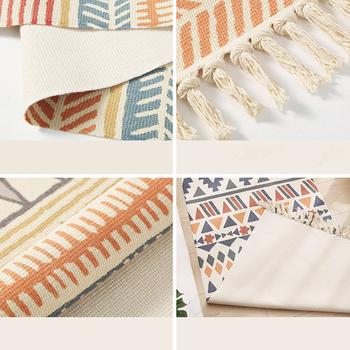 Colourful Geometric Cotton Area Rug with Tassel Hand Woven Floor Carpet Rug for Living Room Bedroom