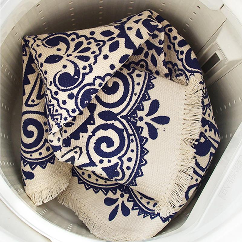 Purple Round Printed Cotton Area Rug with Tassel Hand Woven Machine Washable Floor Carpet Rug for Living Room Bedroom