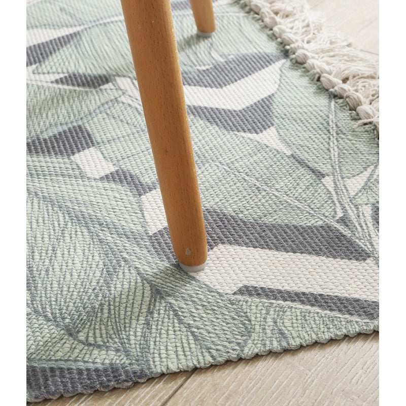 Leaves Pattern Cotton Area Rug with Tassel Handwoven Floor Carpet Rug for Living Room Bedroom