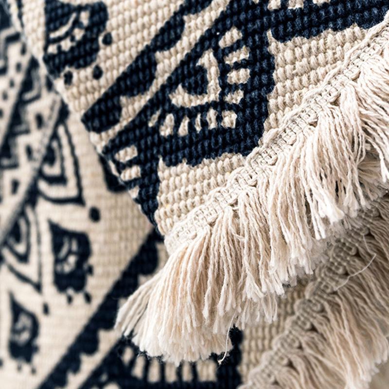 Black Red Round Printed Pattern Cotton Area Rug with Tassel Hand Woven Machine Washable Floor Carpet Rug