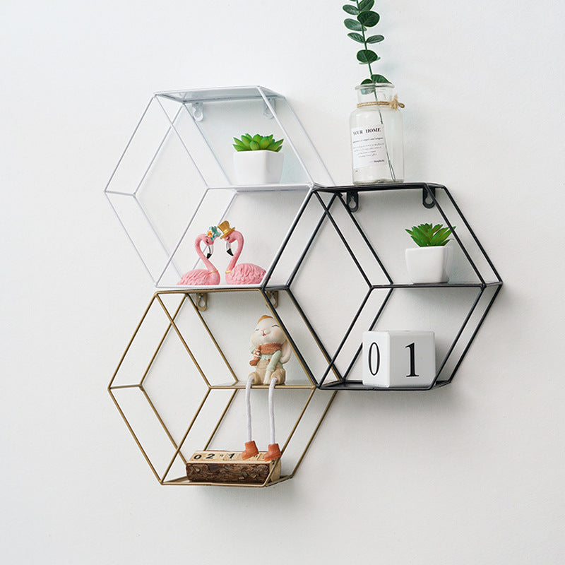 Black Simplicity Iron Hexagonal Wall Storage Decoration Creative Home Living Room Wall Shelf