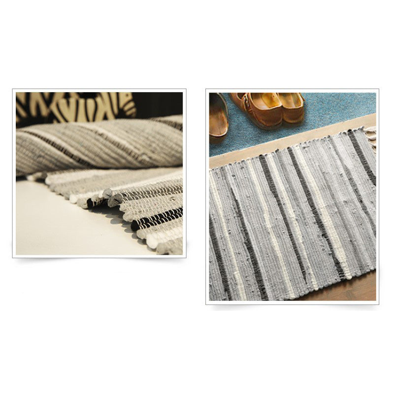 Green Handwoven Eco-Friendly Cotton Striped Carpet With Tassel For Bedroom Bedside Kitchen Living Room Bathroom Absorbent Floor Mat