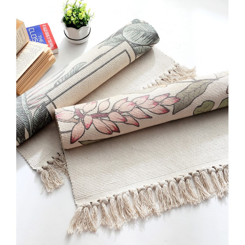 Colourful Pattern Cotton Area Rug with Tassel Handwoven Floor Carpet Rug for Living Room Bedroom