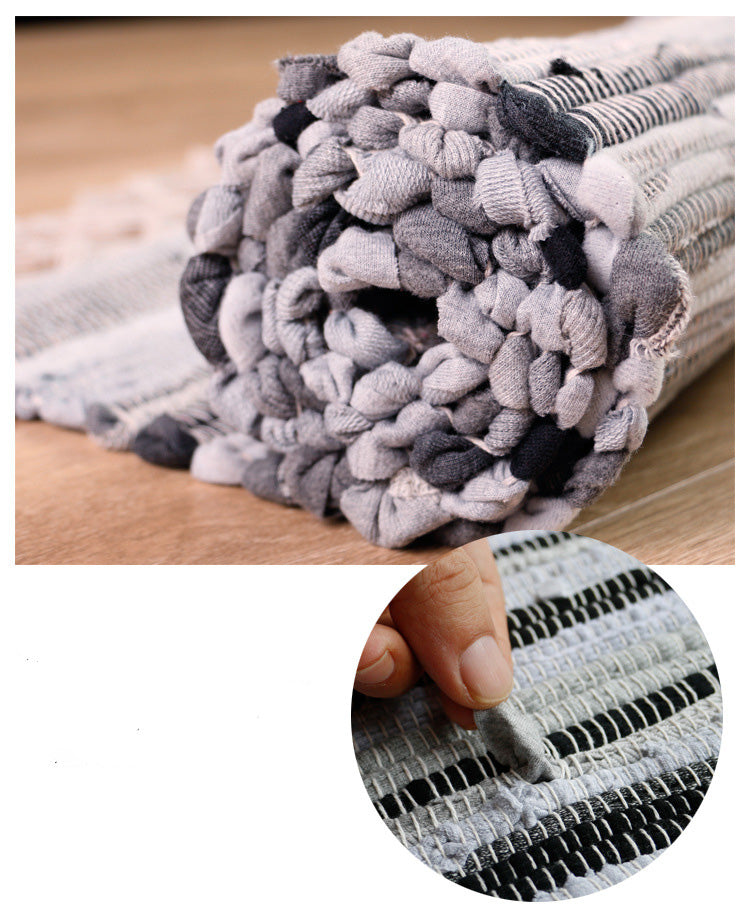 Blue Handmade Eco-Friendly Cotton Striped Carpet With Tassel For Bedroom Bedside Kitchen Living Room Bathroom Absorbent Floor Mat