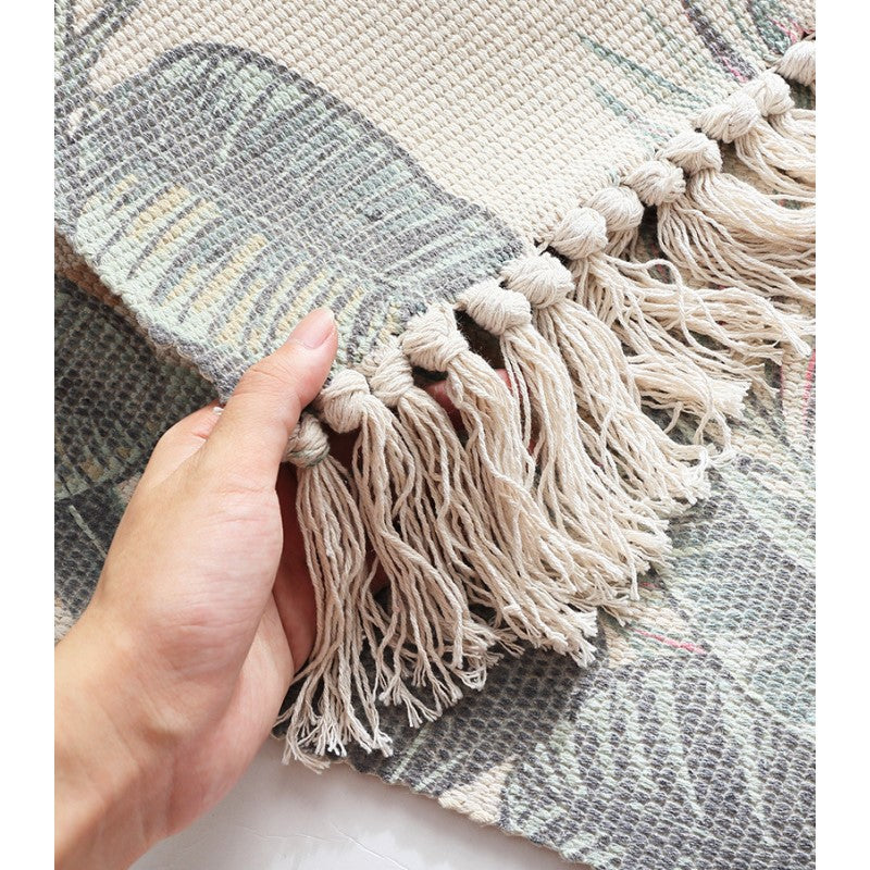 Green Ginkgo Leaves Pattern Cotton Area Rug with Tassel Handwoven Floor Carpet Rug for Living Room Bedroom
