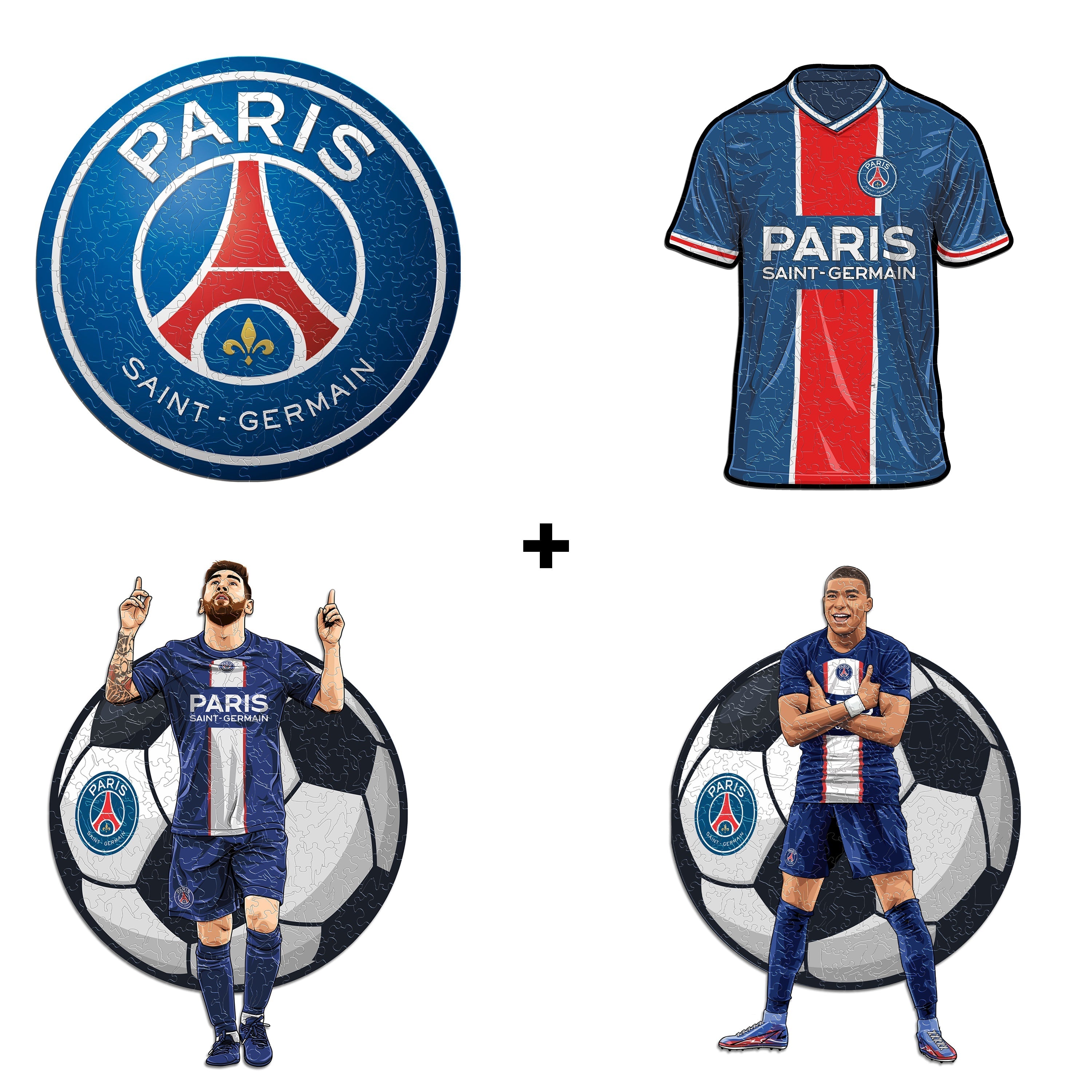 4 PACK PSG FC® Logo + Jersey + Lionel Messi + Kylian Mbappé