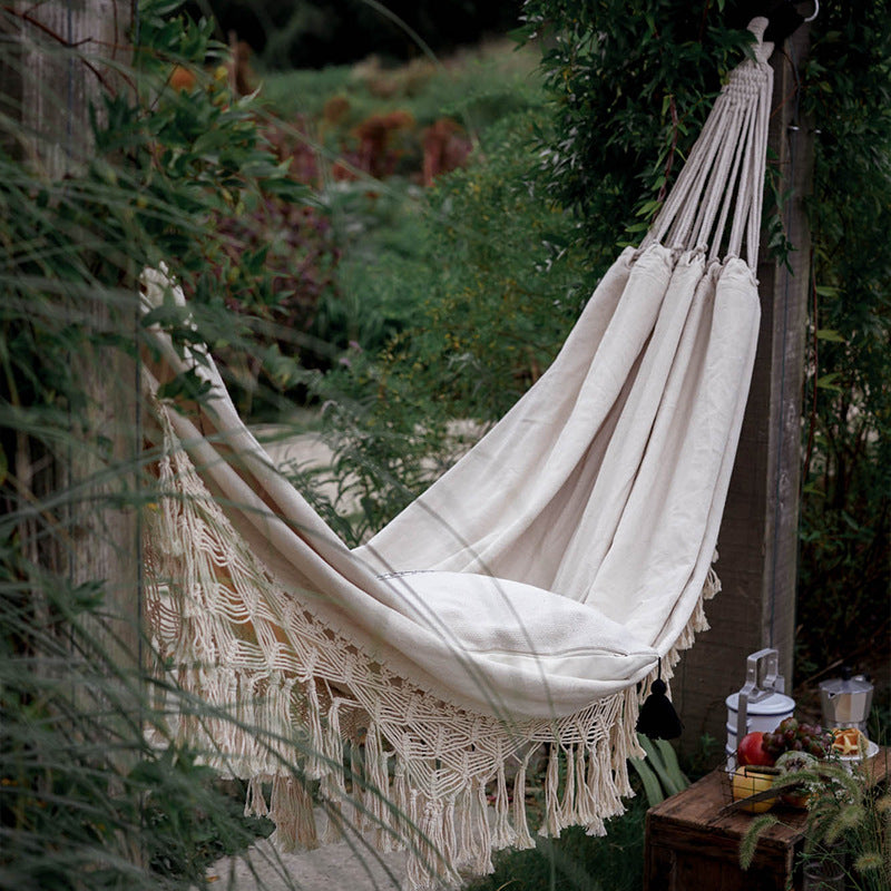 Tasseled Double Cotton Hammock with Extra Thick Ties and Storage Bag