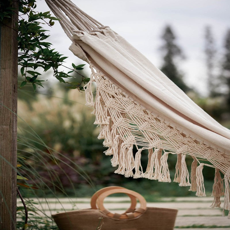 Tasseled Double Cotton Hammock with Extra Thick Ties and Storage Bag