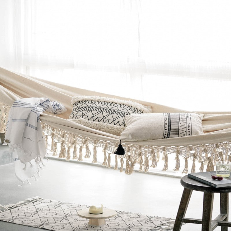 Tasseled Double Cotton Hammock with Extra Thick Ties and Storage Bag