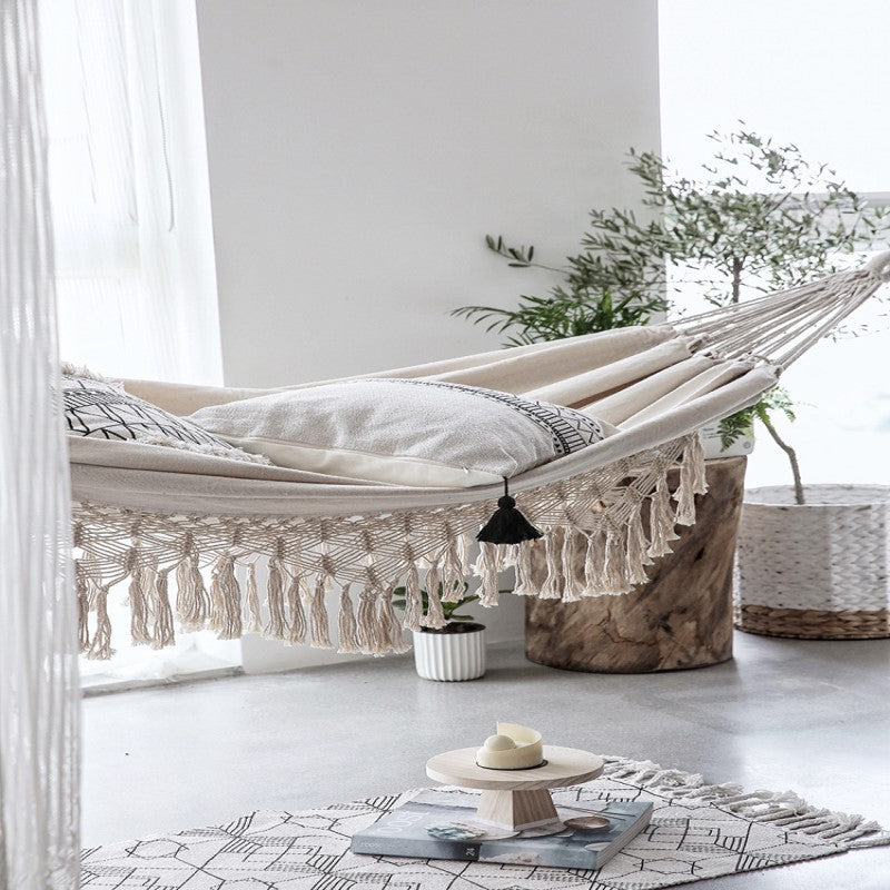 Tasseled Double Cotton Hammock with Extra Thick Ties and Storage Bag