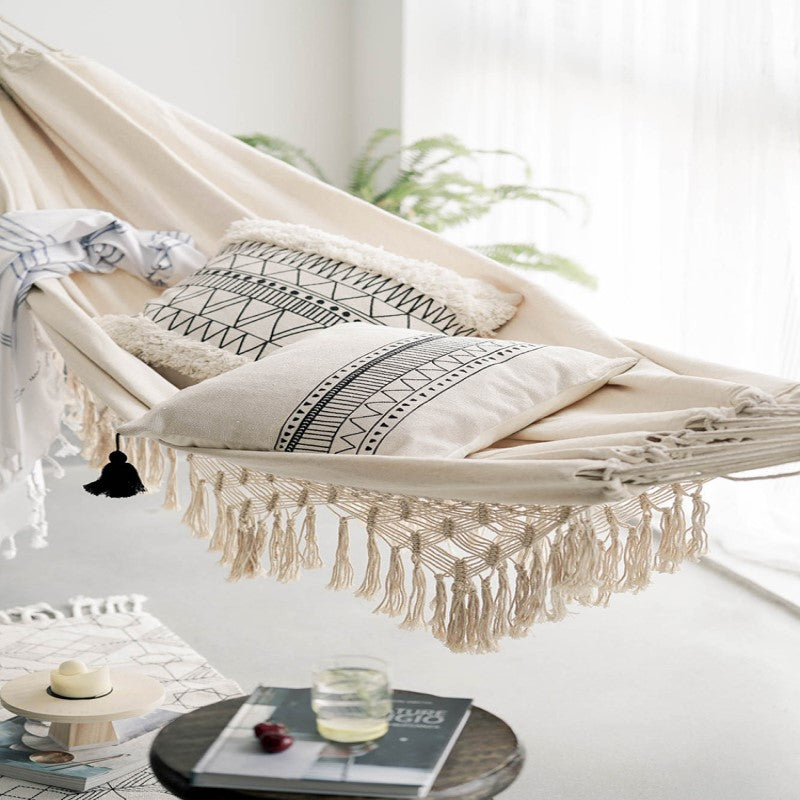 Tasseled Double Cotton Hammock with Extra Thick Ties and Storage Bag