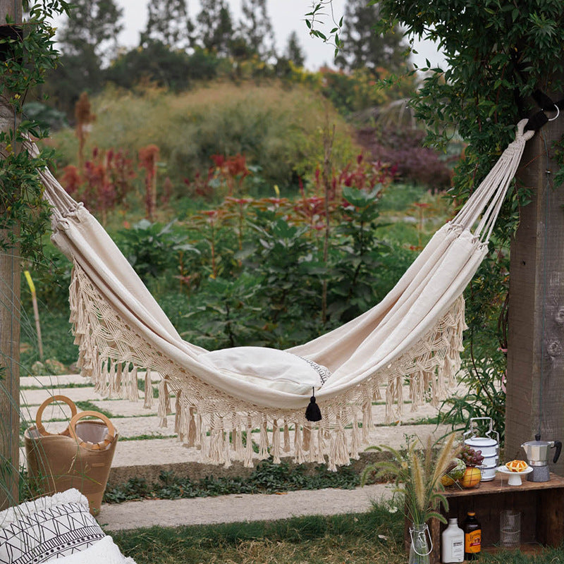 Tasseled Double Cotton Hammock with Extra Thick Ties and Storage Bag
