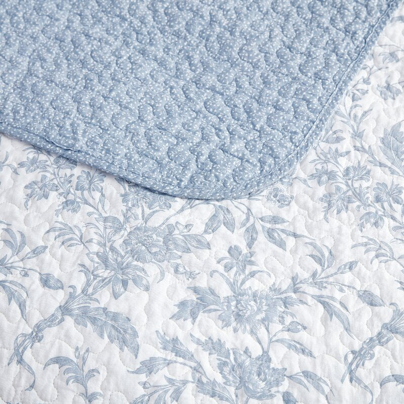 Light Blue Floral Cotton Reversible Quilt Set