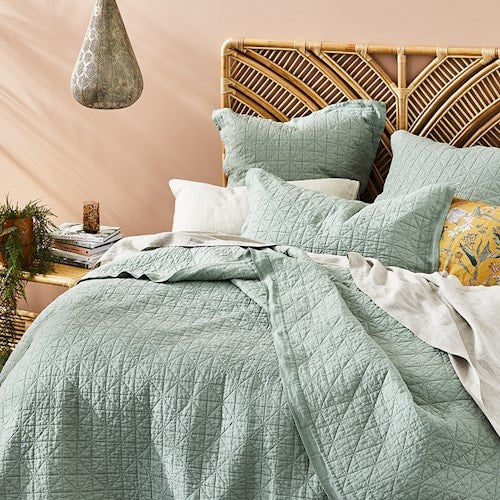 Vintage Green Washed Linen Quilted Eucalyptus Coverlet