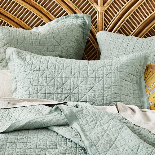 Vintage Green Washed Linen Quilted Eucalyptus Coverlet
