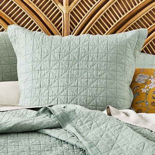 Vintage Green Washed Linen Quilted Eucalyptus Coverlet