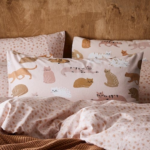 Printed Flannelette Pink Cat Quilt Cover Set