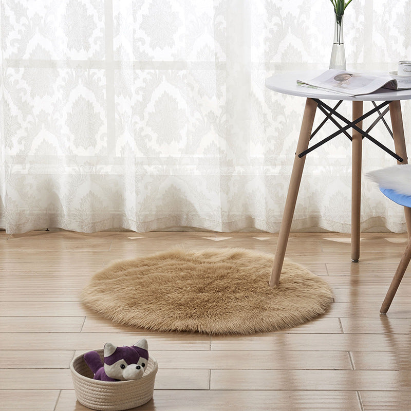 Grayish Yellow Round Modern Faux Sheepskin Fur Shaggy Area Plush Rugs For Bedroom Living Room Hall Bedroom Bedside