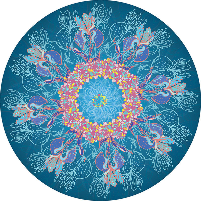 Blue Round Moroccan 3D Flower Patterned Living Room Bedroom Office Anti-slip Area Rugs