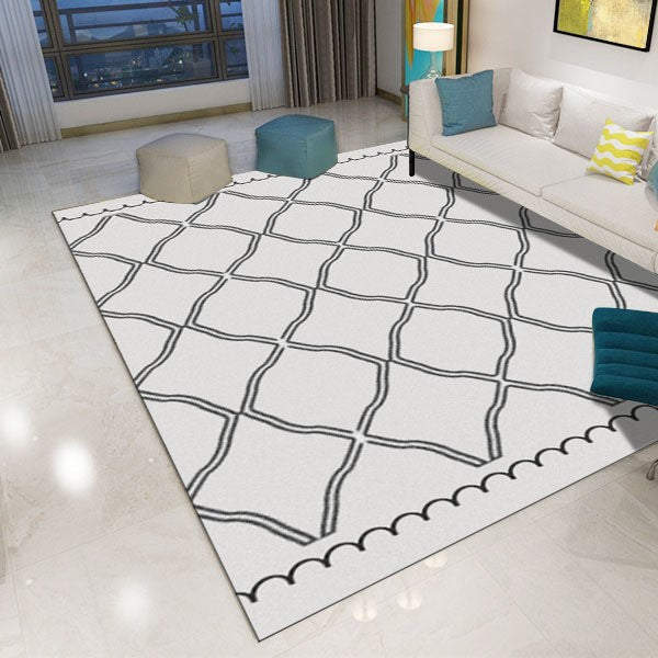White Modern Geometric Printed Patterned Carpet Living Room Bedroom Office Hall Floor Mat Rugs