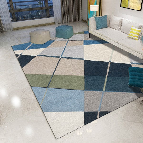 Printed Blue Modern Geometric Patterned Carpet Living Room Bedroom Office Hall Floor Mat Rugs