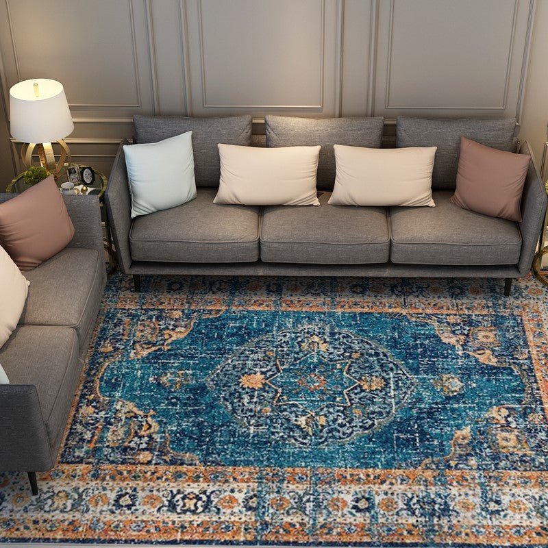 Blue Orange Shaggy Traditional Patterned Retro Rugs for Office Bedroom and Living Room