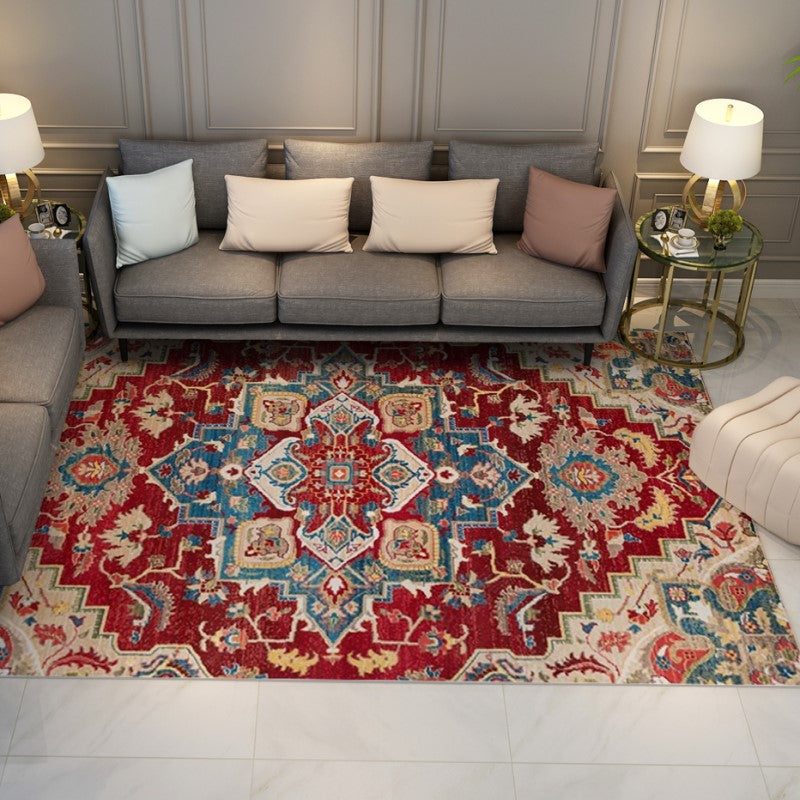 Red and Blue Shaggy Patterned Retro Traditional Rugs for the Living Room Hall