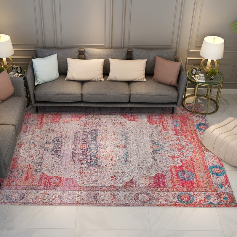 Traditional Pink Patterned Shaggy Retro Rug for the Living Room and Bedroom