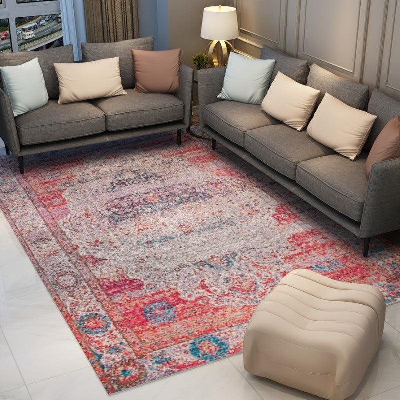 Traditional Pink Patterned Shaggy Retro Rug for the Living Room and Bedroom