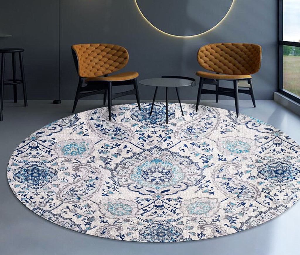 White Round Vintage Style Printed Patterned Living Room Bedroom Office Anti-slip Area Rugs