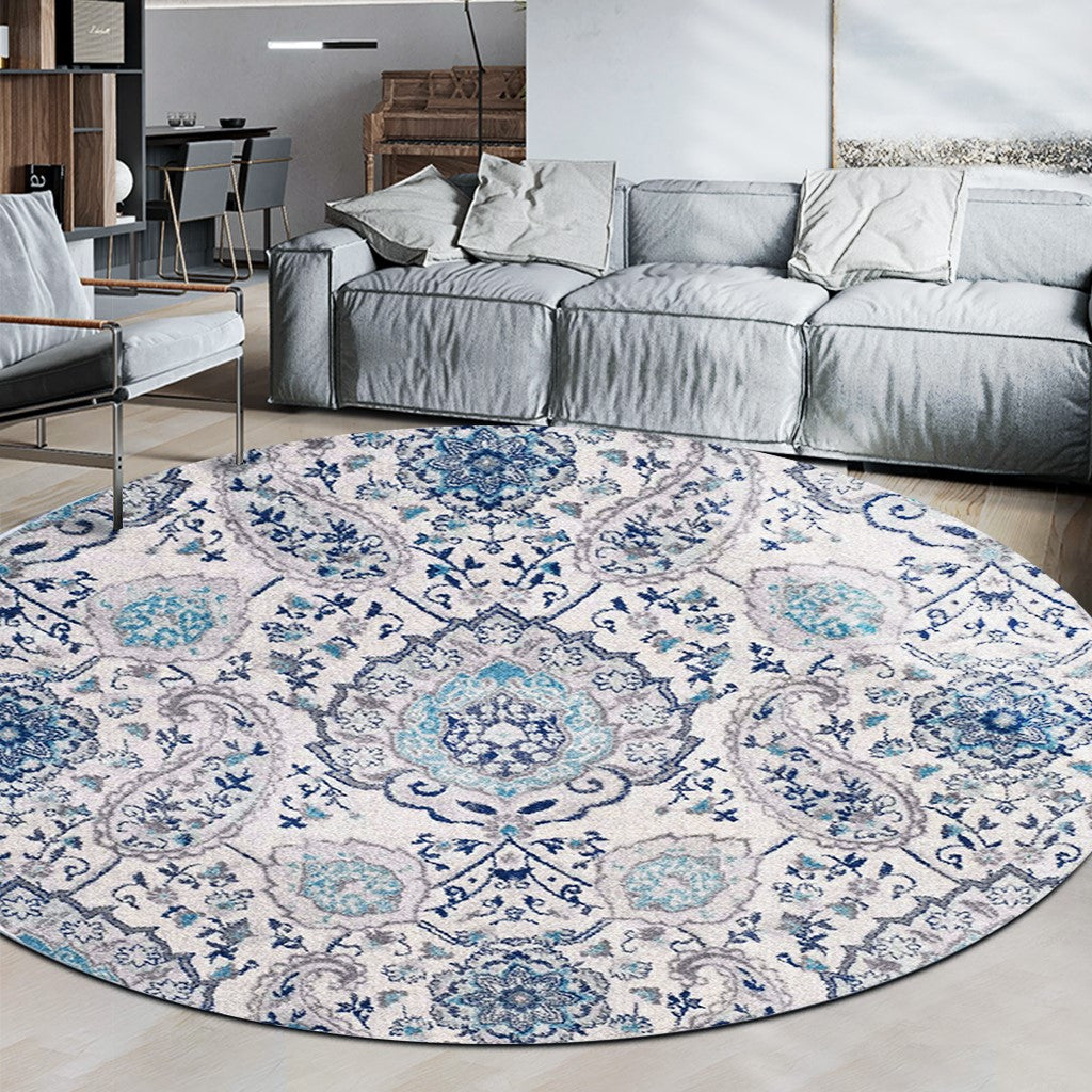 White Round Vintage Style Printed Patterned Living Room Bedroom Office Anti-slip Area Rugs