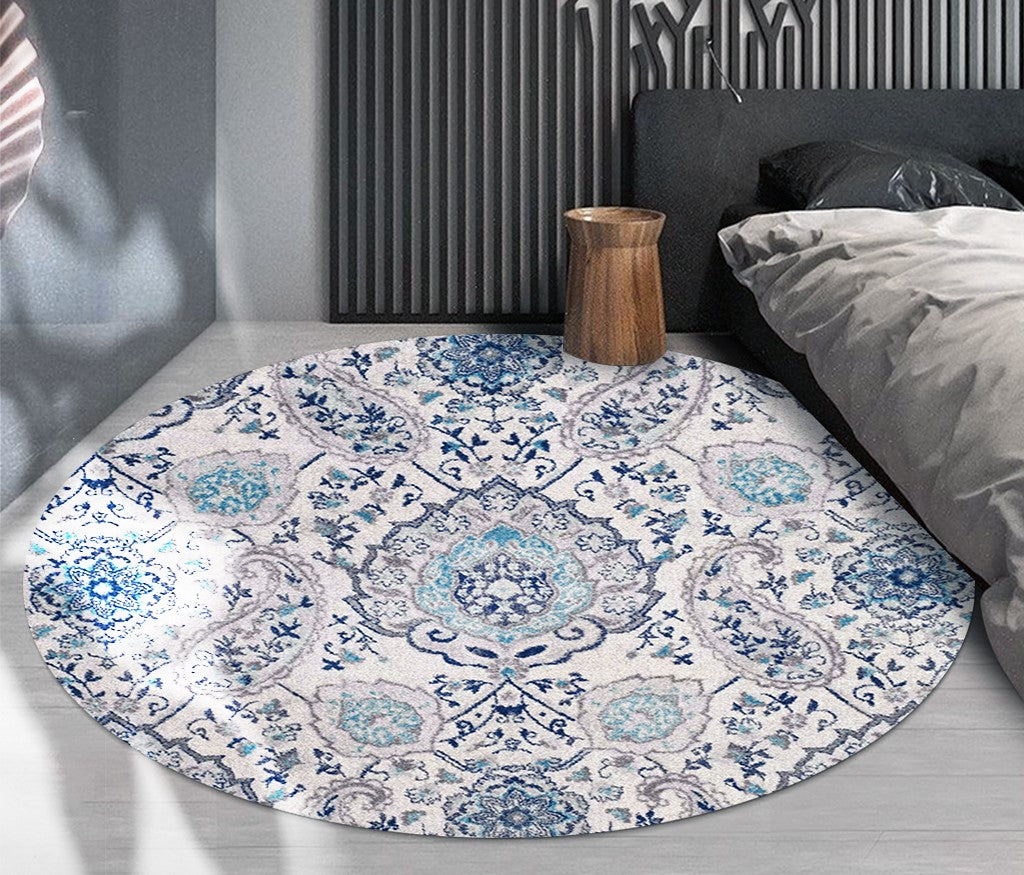 White Round Vintage Style Printed Patterned Living Room Bedroom Office Anti-slip Area Rugs
