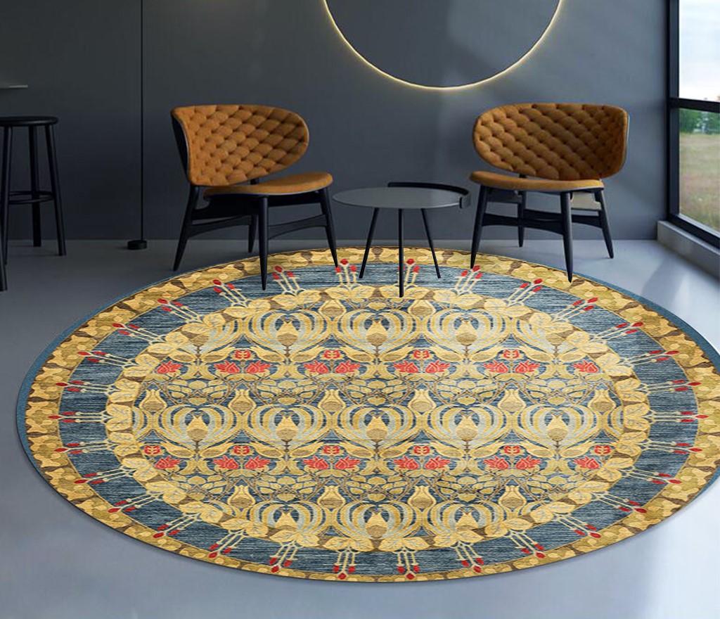 Yellow Round Traditional Style Patterned Rugs Living Room Bedroom Office Anti-slip Area Floor Mats