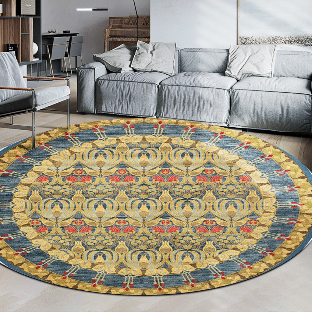 Yellow Round Traditional Style Patterned Rugs Living Room Bedroom Office Anti-slip Area Floor Mats