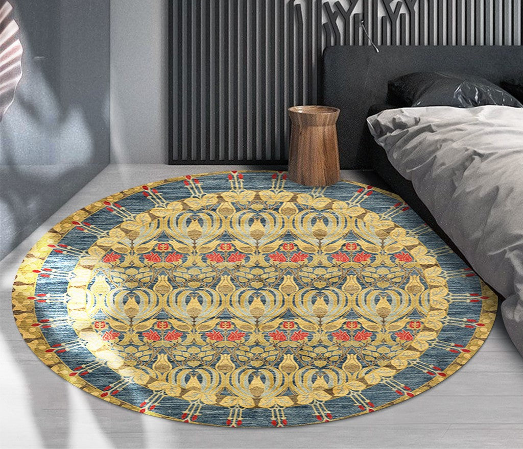 Yellow Round Traditional Style Patterned Rugs Living Room Bedroom Office Anti-slip Area Floor Mats