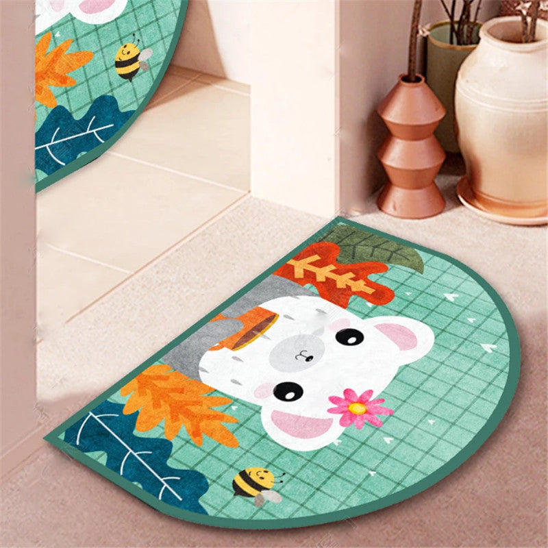 Cute Bear Green Cartoon Pattern Semicircular Irregular Shape Door Mat for Entryway Bathroom Kidsroom