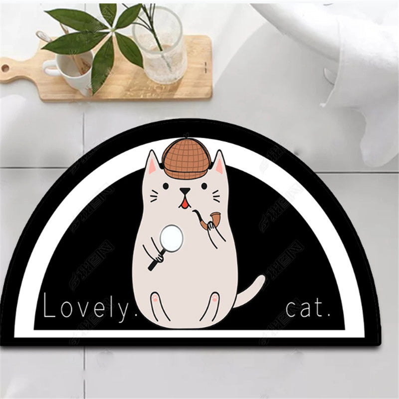 Pattern Cute Cat Cartoon Semicircular Irregular Shape Door Mat for Entryway Kidsroom Bathroom