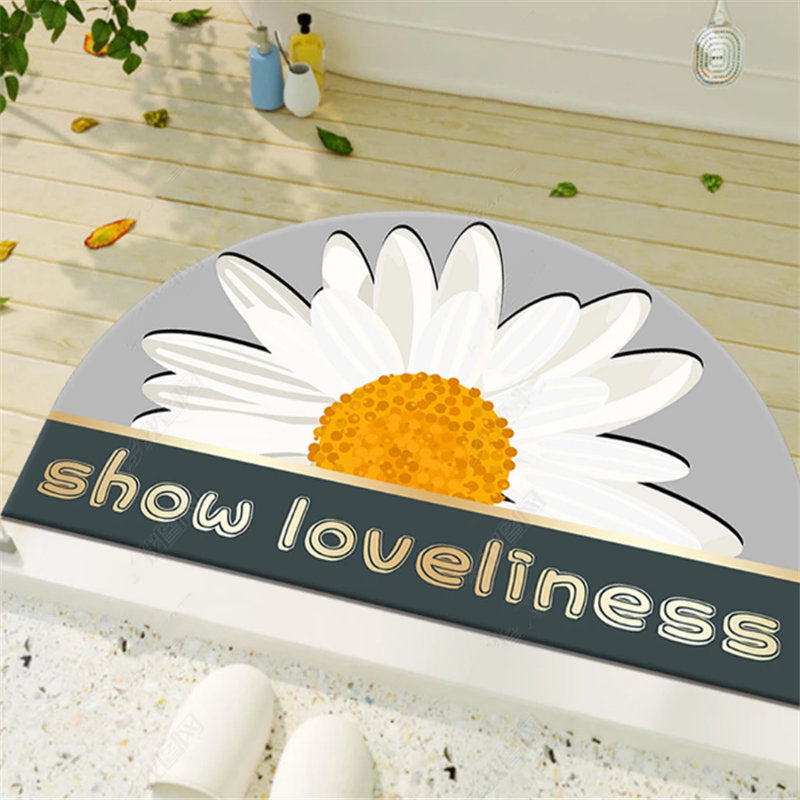 White Floral Refreshing Simplicity Chrysanthemum Semicircular Irregular Shape Door Mat for  Kidsroom Bathroom Entryway
